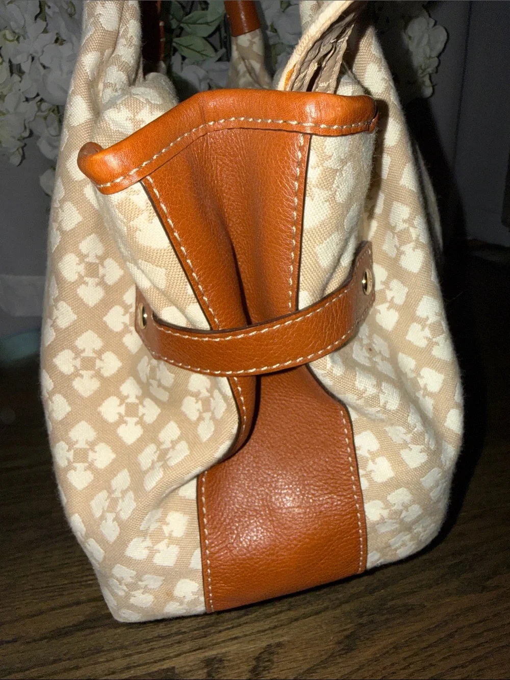 kate spade Beige Canvas Satchel with Red & Pink Center Stripe